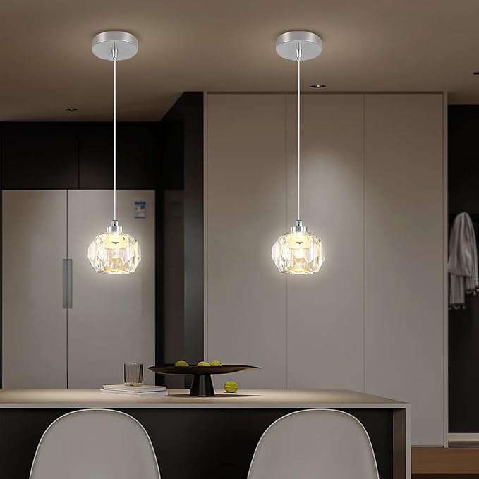 Modern Led Crystal Ball Pendant Light Kitchen Island, Mini Crystal Chandelier for Dining Room 3000K-6000k,5W Chrome