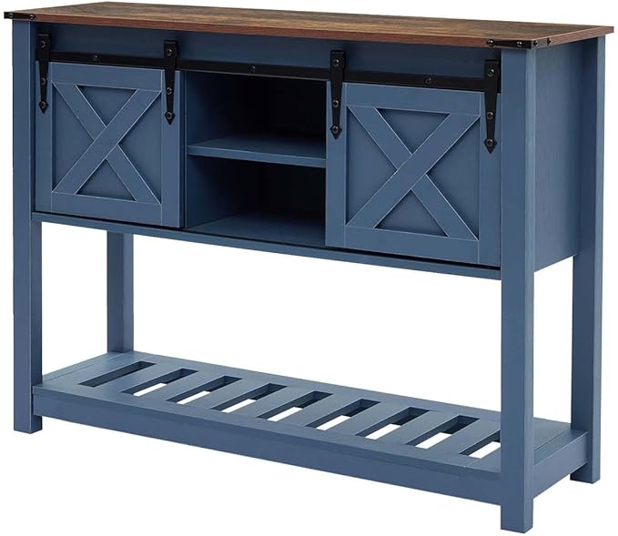Entryway Table with Storage, Farmhouse Buffet Cabinet Coffee Bar Kitchen Island with Sliding Barn Doors & Shelves, Console Table for Kitchen, Dining Room, Living Room, Blue
