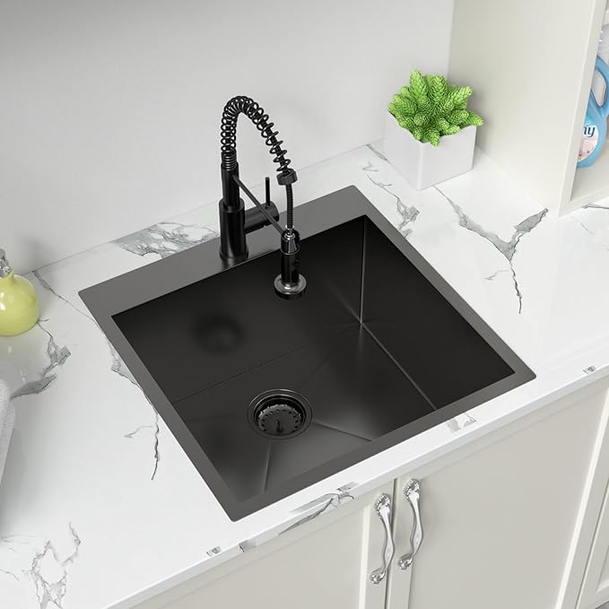 Sarlai Laundry Sink - Drop In 22"x22"x12" Deep Black Laundry Utility Sink Drop-in Topmount Single Bowl Sink 16 Gauge Stainless Steel Gunmetal Black Kitchen Laundry Room Sinks