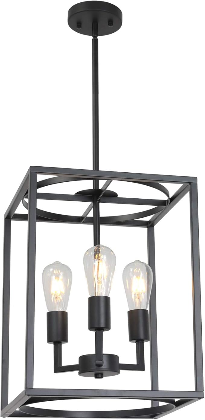 BONLICHT Rustic Hall Foyer Cage Chandelier 3-Light Vintage Industrial Farmhouse Lantern Square Pendant Hanging Lighting Black Kitchen Island Ceiling Light Fixture for Dining Room Hallway Bar