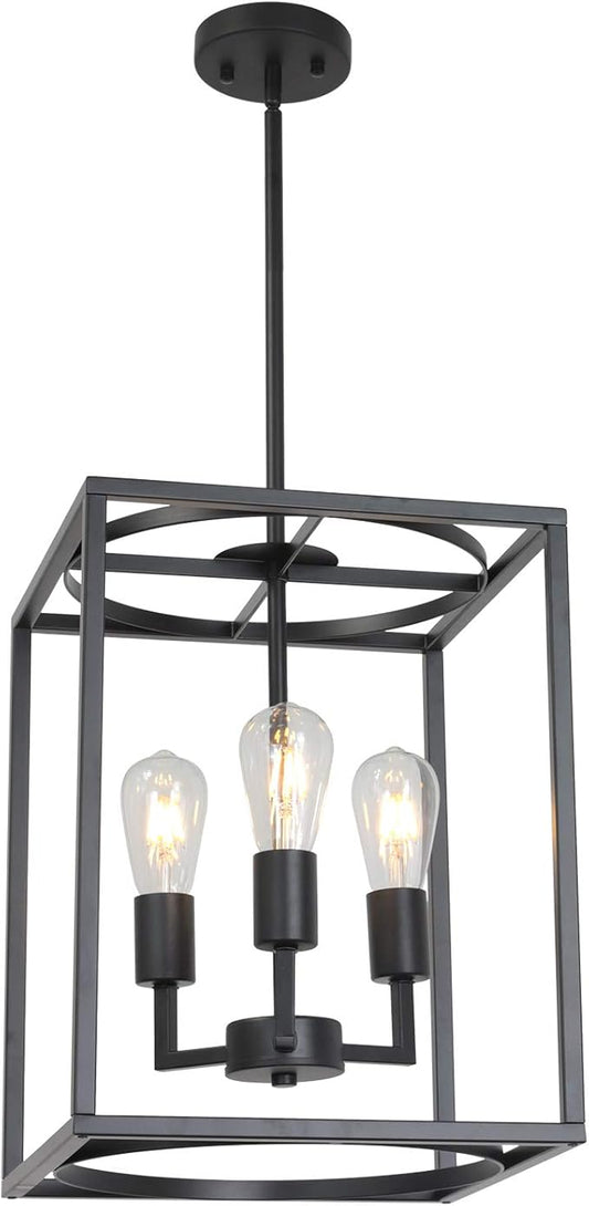 BONLICHT Rustic Hall Foyer Cage Chandelier 3-Light Vintage Industrial Farmhouse Lantern Square Pendant Hanging Lighting Black Kitchen Island Ceiling Light Fixture for Dining Room Hallway Bar