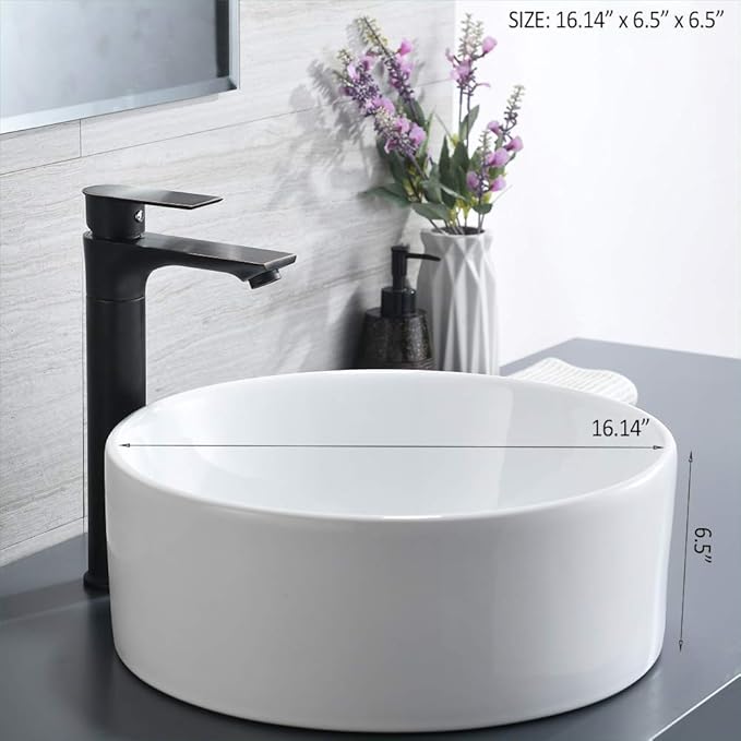 White Round Vessel Sink, BoomHoze 16"x16" Modern Countertop Circle White Porcelain Ceramic Bathroom Sink Above Counter Art Washing Basin