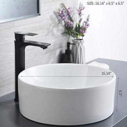 White Round Vessel Sink, BoomHoze 16"x16" Modern Countertop Circle White Porcelain Ceramic Bathroom Sink Above Counter Art Washing Basin