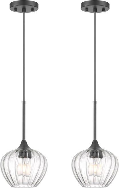 2-Pack Glass Pendant Lights Kitchen Island, 7" Modern Black Glass Pendant Lighting Farmhouse Hanging Light Fixtures for Kitchen, Dining Room, Bathroom, Bedroom