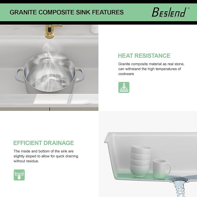 33 Inch Granite White Kitchen Sink - Beslend 33x19x10 Inch White Granite Composite Kitchen Sinks Undermount Quartz Sink Ledge Workstation Classic Under Counter Single Bowl Sink Basin