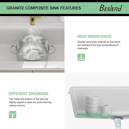 33 Inch Granite White Kitchen Sink - Beslend 33x19x10 Inch White Granite Composite Kitchen Sinks Undermount Quartz Sink Ledge Workstation Classic Under Counter Single Bowl Sink Basin