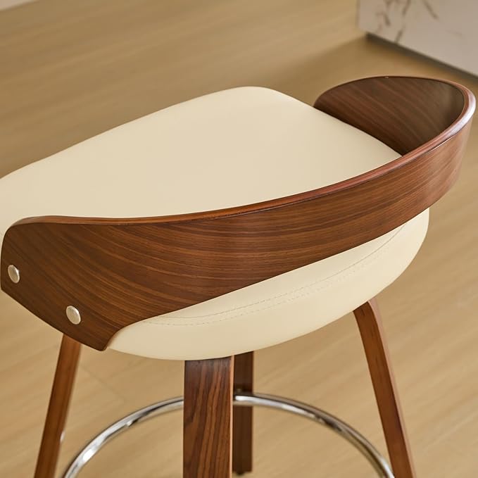 Bar Stools Set of 2, Mid Century Modern Swivel Stools with Low Back, 25" Counter Height Wooden Bar Chairs with Soft Faux Leather Cushion, for Kitchen Island, Bar & Home,Beige