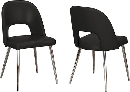 Sunset Trading Mia Faux Leather Dining Chair | Polished Chrome Silver Tapered Legs | Black Padded Seat with Arched Open Back | Set of 2 | Contemporary, Mid-Century Modern Kitchen Sidechairs