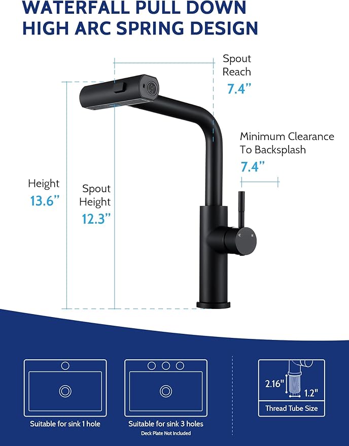 Kitchen Faucet with Pull Down Sprayer, Waterfall Single Hole Single Handle Sink Faucets with Pull-Down Sprayer for RV Kitchen Camper, Matte Black
