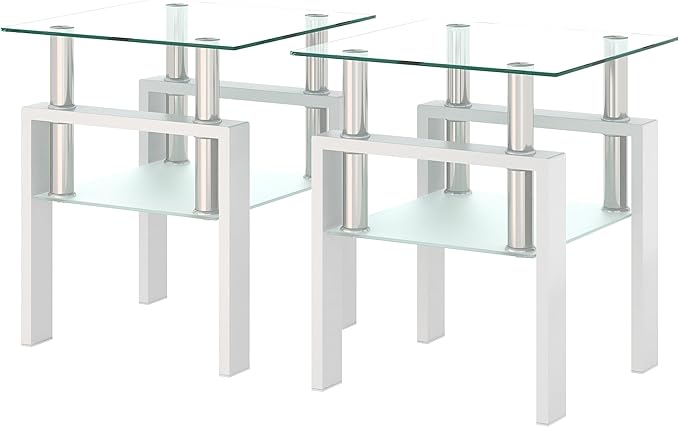 Set of 2 Glass End Table, Glass Side Table with Tempered Glass Top & Metal Legs, Square Living Room Table Modern Tea Table Side Tables 2-Layer for Living Room Bedroom