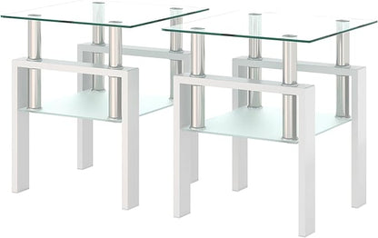 Set of 2 Glass End Table, Glass Side Table with Tempered Glass Top & Metal Legs, Square Living Room Table Modern Tea Table Side Tables 2-Layer for Living Room Bedroom
