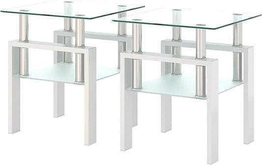 Set of 2 Glass End Table, Glass Side Table with Tempered Glass Top & Metal Legs, Square Living Room Table Modern Tea Table Side Tables 2-Layer for Living Room Bedroom