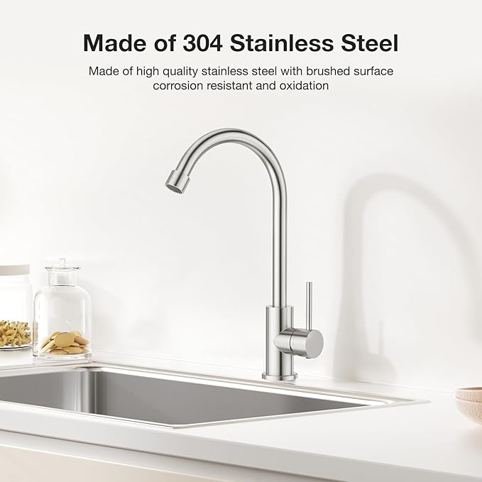 CREA Cold Water Only Brushed Faucet for Kitchen Bar Outdoor Sink 1 Hole 3Holes(with Deck Plate)，High Arc 360°Swivle Single Handle Cold Water Tap Brushed 304 Stainless Steel