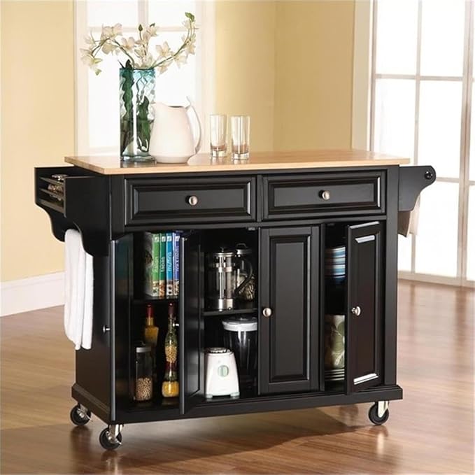 Crosley Furniture Full Size Wood Top Rolling Kitchen Island Storage Cart, Microwave Stand, Spice Rack, Black