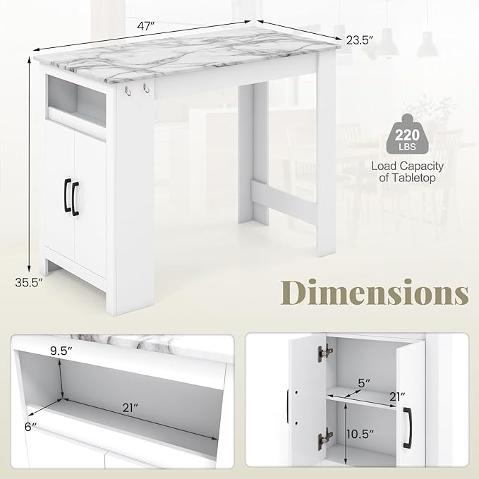 COSTWAY Bar Table, Modern Faux Marble Breakfast Table with 7 Hanging Hooks, Open Compartment, Storage Cabinet & Adjustable Shelf, Counter Height Dining Table for Kitchen, Dining Room, Living Room