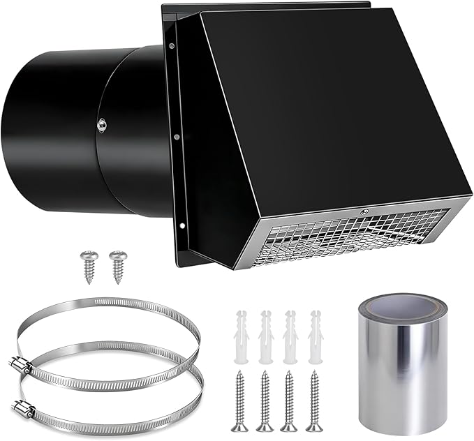 6 Inch Hooded Wall Vent with Screen and Damper, Wall Exhaust Vent Cover, 6 Inch Range Hood Wall Vent Cap, Outdoor Hooded Wall Vent for Dryer Vent, Range Hood, Kitchen, Black