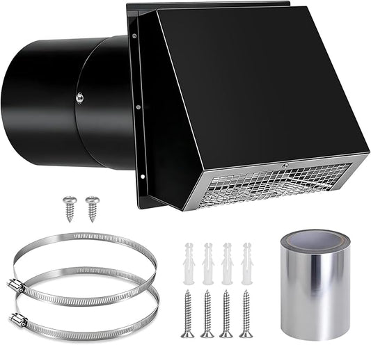 6 Inch Hooded Wall Vent with Screen and Damper, Wall Exhaust Vent Cover, 6 Inch Range Hood Wall Vent Cap, Outdoor Hooded Wall Vent for Dryer Vent, Range Hood, Kitchen, Black