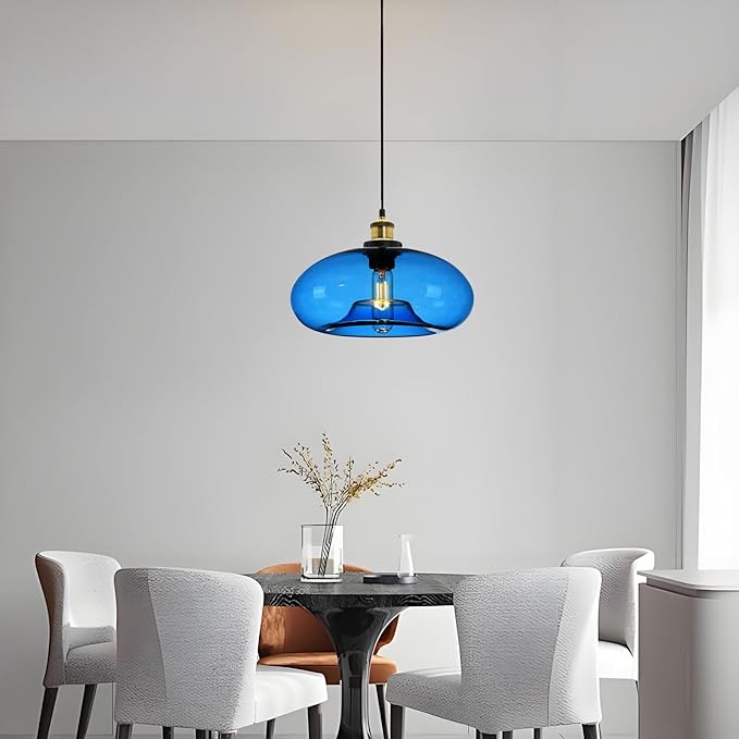 11" Dark Blue Glass Pendant Light Industrial Vintage Design Suitable for Kitchen Island Bedroom Dining Room Adjustable Height E26 Bulb Compatible (Dark Blue)