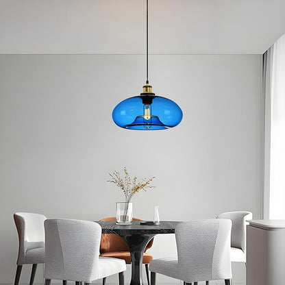 11" Dark Blue Glass Pendant Light Industrial Vintage Design Suitable for Kitchen Island Bedroom Dining Room Adjustable Height E26 Bulb Compatible (Dark Blue)