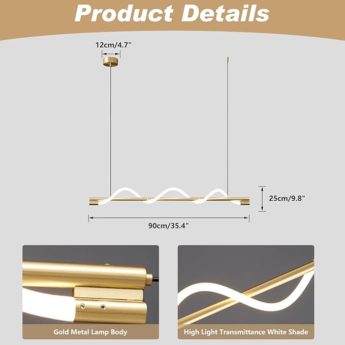 KCO Lighting Modern LED Dining Light Fixtures Ceiling Hanging Linear Pendant Lights Kitchen Island Gold Chandelier Light Fixture Minimalist Linear Pendant Light Dimmable