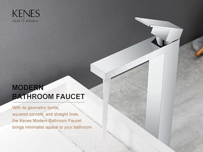 KENES Chrome Bowl Vessel Sink Facuet Single Handle Tall Bathroom Sink Faucet Bathroom Vanity Faucet Basin Mixer Tap with Water Supply Lines and Pop Up Sink Drain, LJ-9031A-5