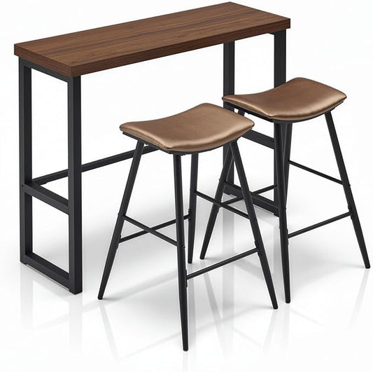 Bar Table and Chairs Set for 2, 47.2" Counter Height Bar Table with 2 PU Curved Saddle Seat Stools, Industrial Brown Kitchen Bar Dining Set with Iron Frame (Brown)