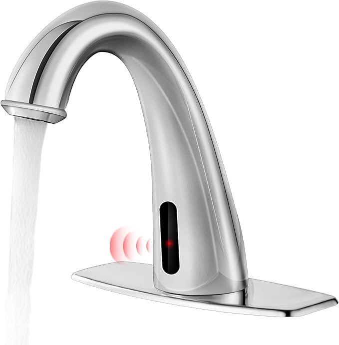 Automatic Touchless Bathroom Faucet Motion Sensor Activated Commercial Basin Sink Vantiy Hands Free Auto Off Infrared Mixer with Hole Cover Deck Plate Temperature Control Hot Cold （Chrome）