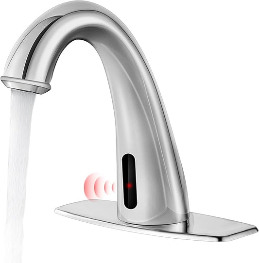 Automatic Touchless Bathroom Faucet Motion Sensor Activated Commercial Basin Sink Vantiy Hands Free Auto Off Infrared Mixer with Hole Cover Deck Plate Temperature Control Hot Cold （Chrome）