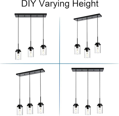 MELUCEE 3 Lights Linear Chandelier Black Finish Kitchen Pendant Lighting Over Island Dining Room Light Fixtures Ceiling Hanging Lamp with Clear Glass Shade, 20.5 Inches Length