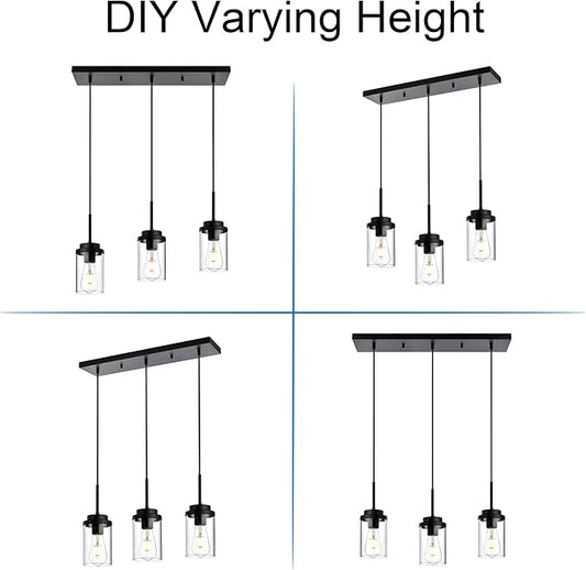 MELUCEE 3 Lights Linear Chandelier Black Finish Kitchen Pendant Lighting Over Island Dining Room Light Fixtures Ceiling Hanging Lamp with Clear Glass Shade, 20.5 Inches Length