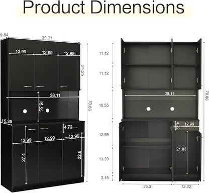 DMAITH 71" Black Kitchen Pantry Cabinets with Microwave Stand, 6 Doors & 3 Adjustable Shelves, Freestanding China Cabinet Hutch, Buffet Cabinet with Storage