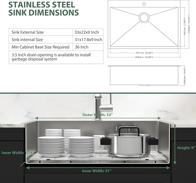 33x22 Drop In Kitchen Sink - Couoko 33 Inch 16 Gauge T304 Stainless Steel Drop In Sink Large Deep Handmade Single Bowl Kitchen Sinks with Accessories, 33"x22"x9"