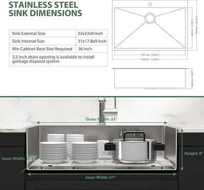 33x22 Drop In Kitchen Sink - Couoko 33 Inch 16 Gauge T304 Stainless Steel Drop In Sink Large Deep Handmade Single Bowl Kitchen Sinks with Accessories, 33"x22"x9"