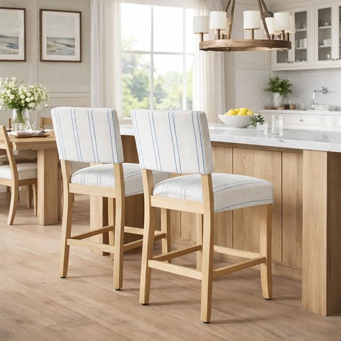 HomePop 24" Open Back Counter Stool|HomePop Home Décor|Fabric Chairs for Dining Room, Kitchen and Living Room - Blue and White Stripe(Single Pack)