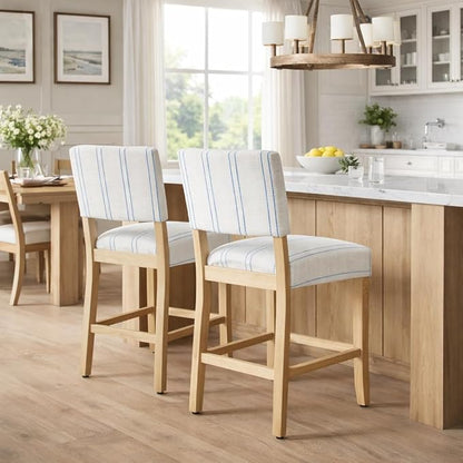 HomePop 24" Open Back Counter Stool|HomePop Home Décor|Fabric Chairs for Dining Room, Kitchen and Living Room - Blue and White Stripe(Single Pack)