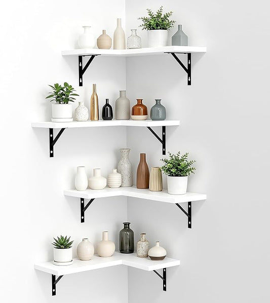 NATURE'S SOURCE Corner Floating Shelves Set of 4, Corner Shelves Wall Mounted, for Bedroom Kitchen Living Room Bathroom Office- Modern Style (White, Set of 4)