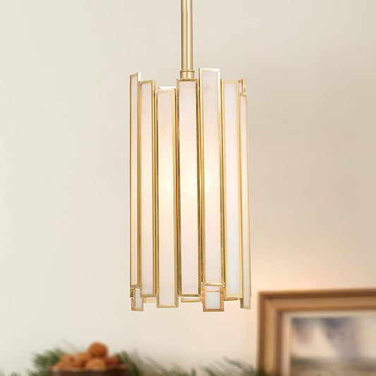 Durent Lighting Gold Pendant Lighting, Modern Cylinder Hanging Light Fixture with White Glass Shade for Kitchen Island, Entryway, Foyer, Dining Room and Bedroom