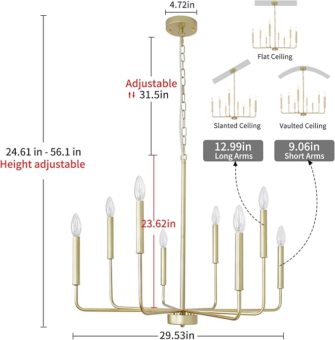 Gold Chandeliers, 8-Light Modern Dining Room Light Fixtures, Rustic Candle Hanging Pendant Light for Living Room Entryway Foyer Bedroom Kitchen