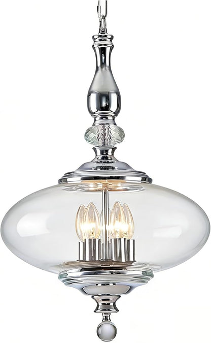 5 Light Chrome Chandelier Modern Glass Large Pendant Light H 27.5" x W 15.7" for Kitchen Island, Dining Room.E12 Bulb