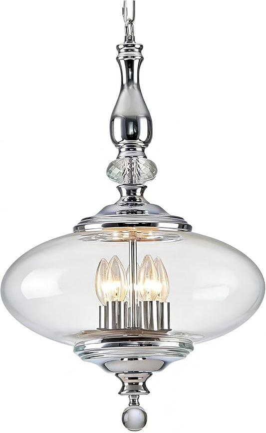 5 Light Chrome Chandelier Modern Glass Large Pendant Light H 27.5" x W 15.7" for Kitchen Island, Dining Room.E12 Bulb