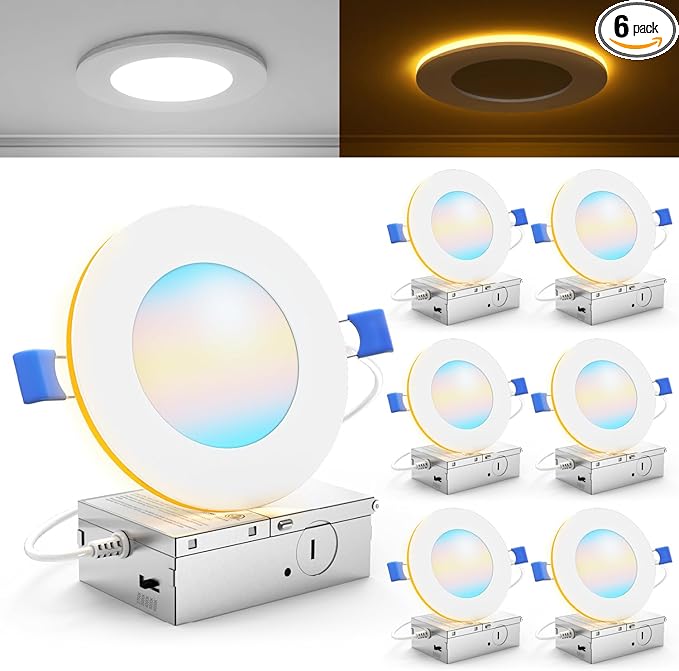 Sunco 6 Pack 4 Inch LED Recessed Lights with Night Light, Slim Ceiling Lighting, 900 Lumens, 11W (80 W Equivalent), Selectable CCT 2700K/3000K/4000K/5000K/6000K, Dimmable, Canless with Junction Box