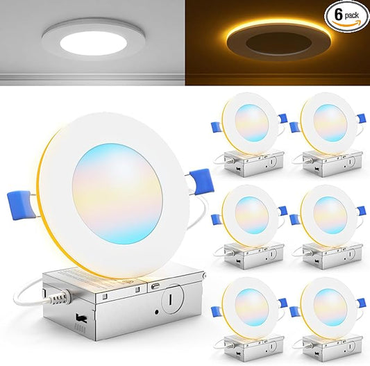 Sunco 6 Pack 4 Inch LED Recessed Lights with Night Light, Slim Ceiling Lighting, 900 Lumens, 11W (80 W Equivalent), Selectable CCT 2700K/3000K/4000K/5000K/6000K, Dimmable, Canless with Junction Box