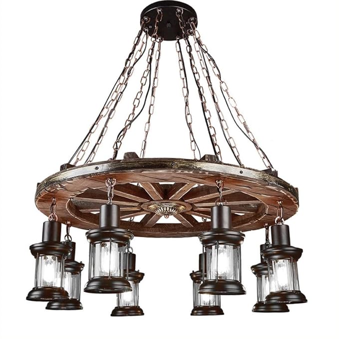 A Million Vintage Industrial Wood Chandelier with 8 Light Rudder Shape, Wood Grain Color, E26 Socket, Adjustable Hanging Chain Rustic Pendant Lighting