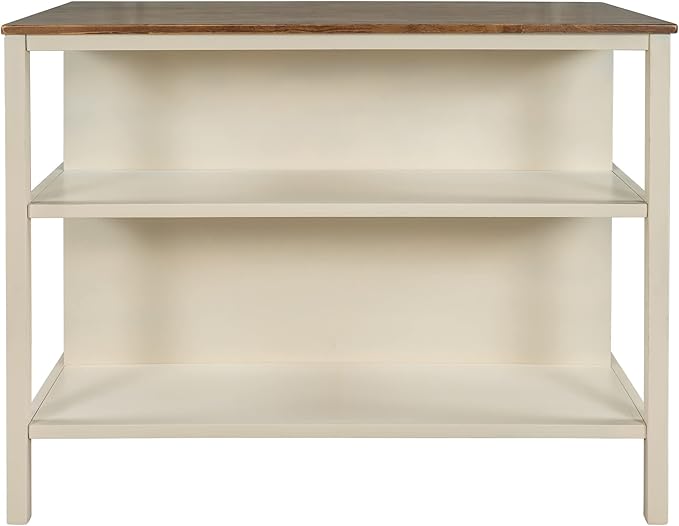 Solid Wood Rustic 45" Stationary Kitchen Island, Rubber Wood Butcher Block Dining Table Prep Table with 2 Open Shelves for Small Places,Walnut+Cream White
