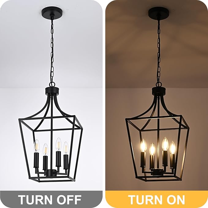 4-Light Farmhouse Lantern Chandelier, Black Pendant Light Fixture Adjustable Height for Kitchen Island Dining Room Foyer, Hanging Ceiling Lighting E12 Bulb Base