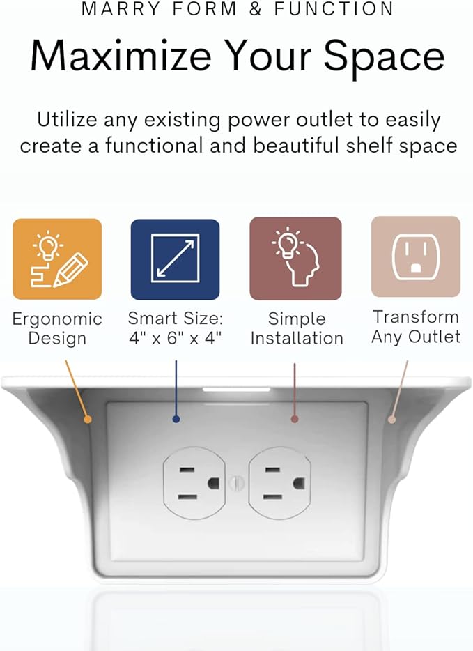 Power Perch Horizontal Wall Outlet Shelf with Cord Storage Strap - Declutter & Reclaim Bathroom Counter Space - Echo Dot Stand, Apple Homepod Shelf, Toothbrush Holder for Bathroom- White, 2-Pack