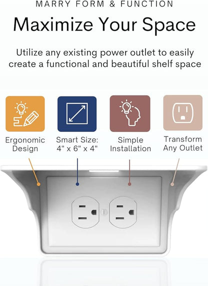 Power Perch Horizontal Wall Outlet Shelf with Cord Storage Strap - Declutter & Reclaim Bathroom Counter Space - Echo Dot Stand, Apple Homepod Shelf, Toothbrush Holder for Bathroom- White, 2-Pack