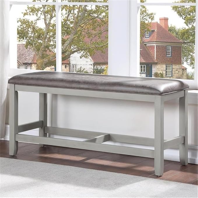 BOWERY HILL Wood 7-Piece Dining Set, Stone Gray and Charcoal Finish, 80 in Table with Faux Leather Chairs and Bench, Server with Glass Doors, Storage Cabinet, for Dining Room or Kitchen