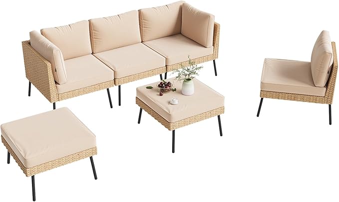 Aoxun 6-Piece Patio Furniture Set, Wicker Outdoor Furniture with Water Resistant Thick Cushions, Patio Conversation Set Outdoor Sectional Sofa with Coffee Table for Backyard Poolside, Beige