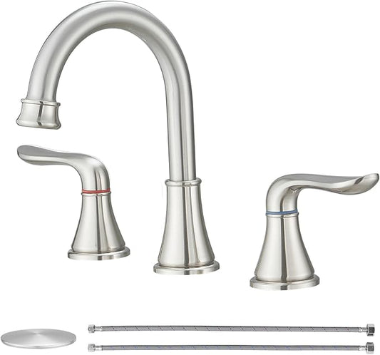 GENBONS Widespread Bathroom Faucets 3 Hole Brushed Nickel 8 Inch Faucet for Bathroom Sink Vanity RV Farmhouse Double Handles 3 Piece Faucets with Pop Up Drain